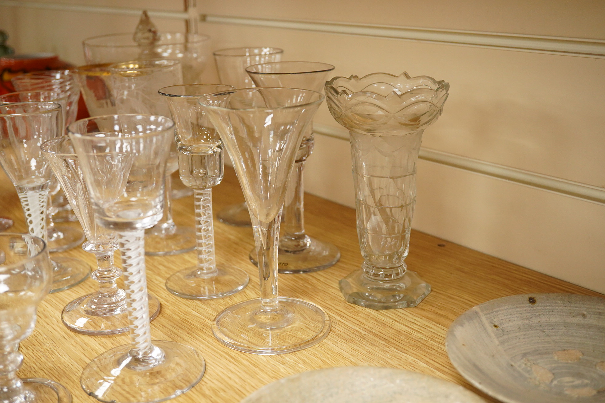 Eighteen various Georgian and later wine glasses, and a Bristol Music Festival goblet, latter 16cm